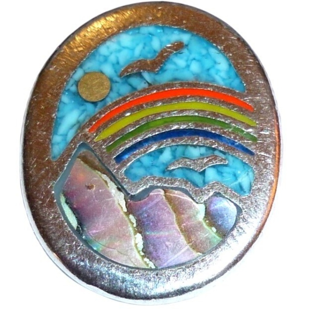 Vintage Alpaca Mexico Inlay Pendant Rainbow Mountain Abalone Turquoise Oval